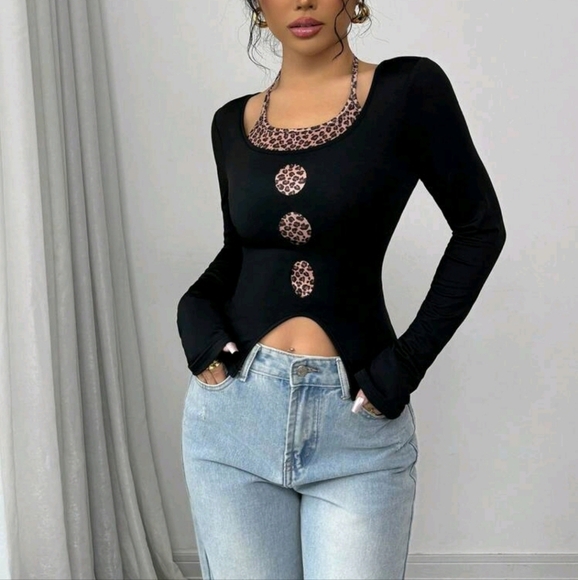 Women's Sleeveless Leopard Print Contrast Color Halter Neck Vintage T-Shirt - Picture 3 of 4